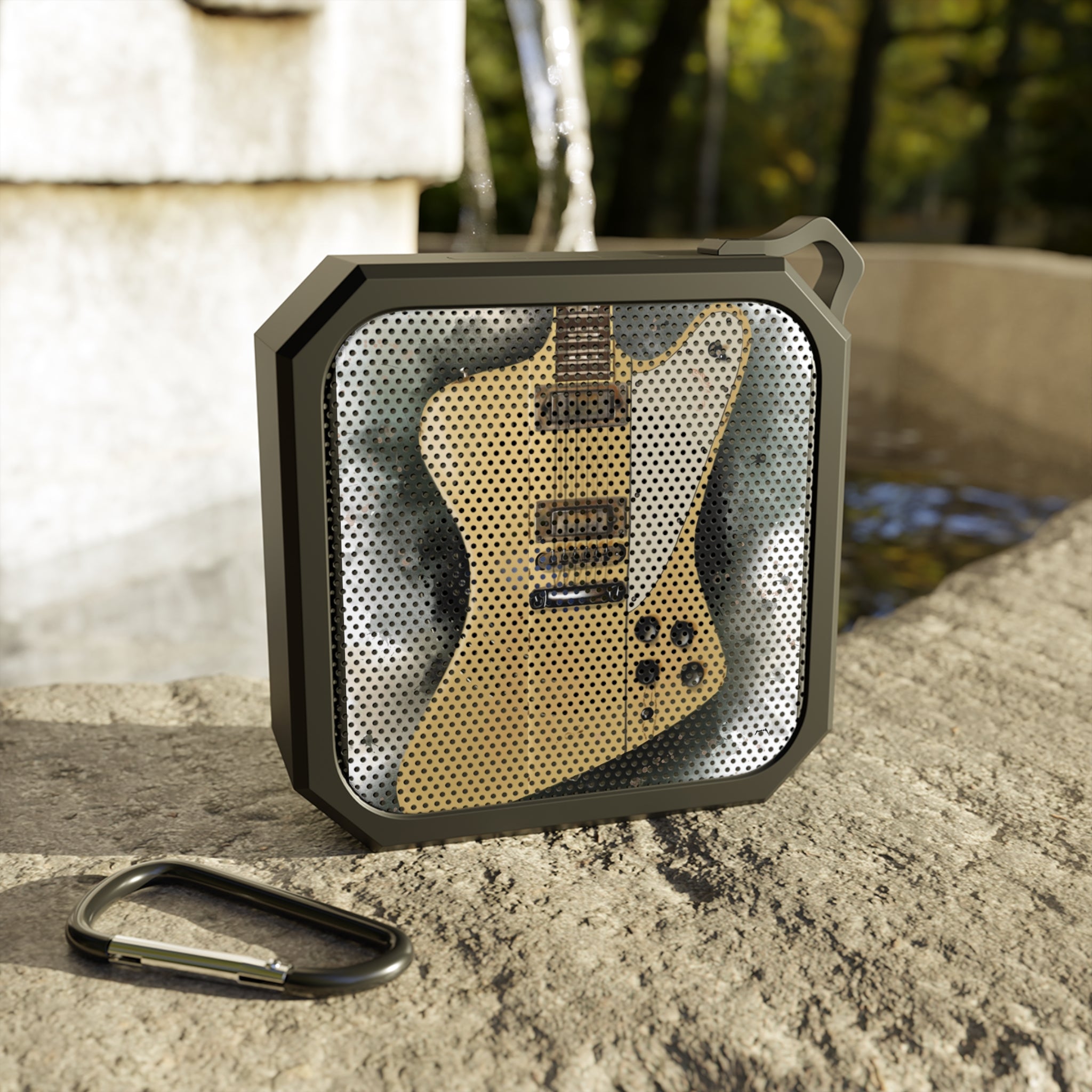 digital painting of a white vintage offset electric guitar printed on a bluetooth speaker
