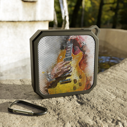 digital painting of a yellow vintage electric guitar with hands printed on bluetooth speaker