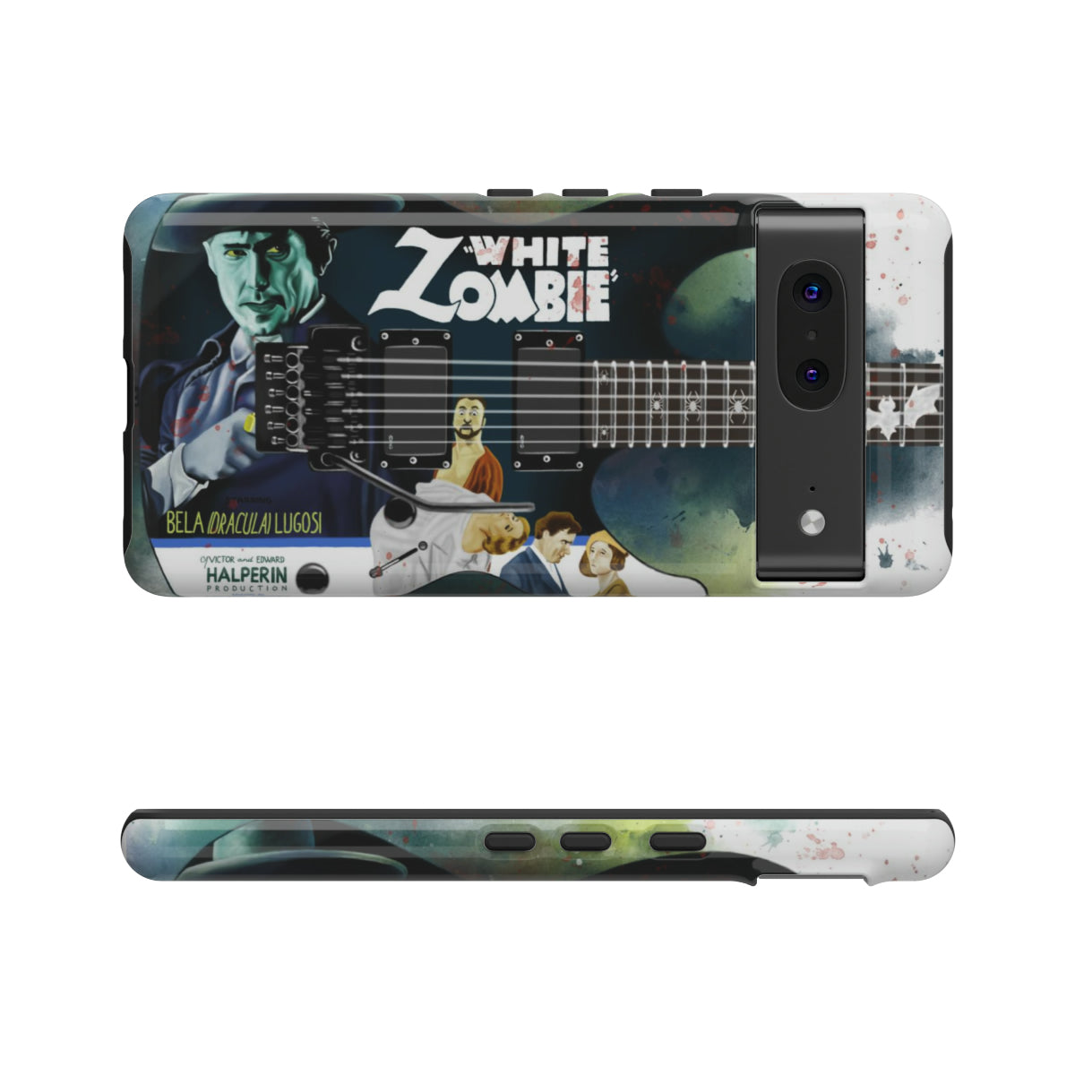 digital painting of an electric guitar with a vintage movie poster on it printed on a google phone case